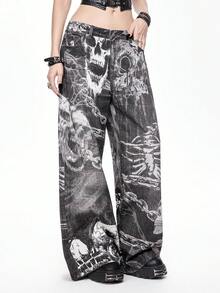 ROMWE Grunge Punk Jeans anchos y sueltos con estampado de cadena de calavera y esqueleto de estilo gótico oscuro - Gris - Ver 6
