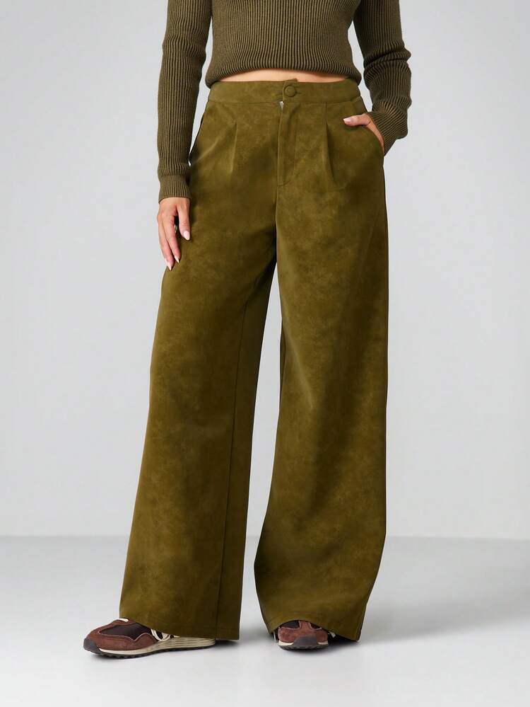 MISSGUIDED Pantalones palazzo de pierna ancha y cintura alta para mujer, de tela de ante, de pierna recta, casuales para otoño e invierno