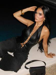 AfricaSnchz 仿皮外出上衣西部露背领口前蕾丝短款上衣伊比沙岛波西米亚风度假性感优雅伊比沙岛夜间外出上衣俱乐部万圣节派对 - 黑色 - 查看 6