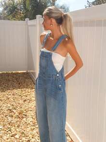 Sydney Algeri 女士休闲水洗宽松牛仔背带裤 - 中等水洗藍 - 查看 4