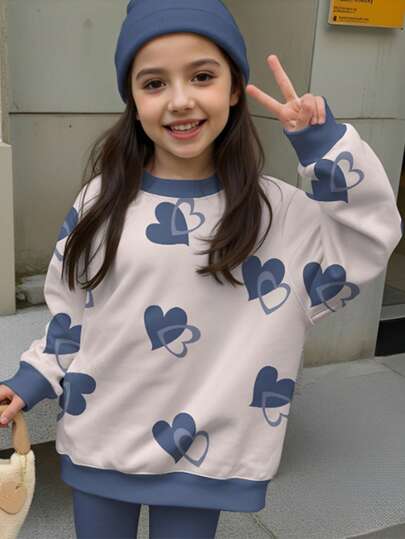SHEIN Happikins Young Girls Casual Loose Fit Round Neck Comfortable Daily Knit Long Sleeve Sweatshirt, Suitable For Autumn/Winter, Classic Cute & Beautiful Cartoon Heart Print