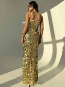 Aloruh Abito da donna con spalline a spaghetti decorato con paillettes - Dorato - Visualizzare 4