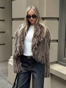 Aloruh Women's Grey Winter Street Wear Night Out Fashionable Long Sleeve Open Front Faux Fur Jacket,Fluffy Thick & Warm Fox Fur Coat,Mid-Length Outerwear - Black - View 4