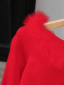 Franclia 女式纯色时尚拼接毛绒装饰领修身长袖毛衣，秋冬 - 紅色 - 查看 3