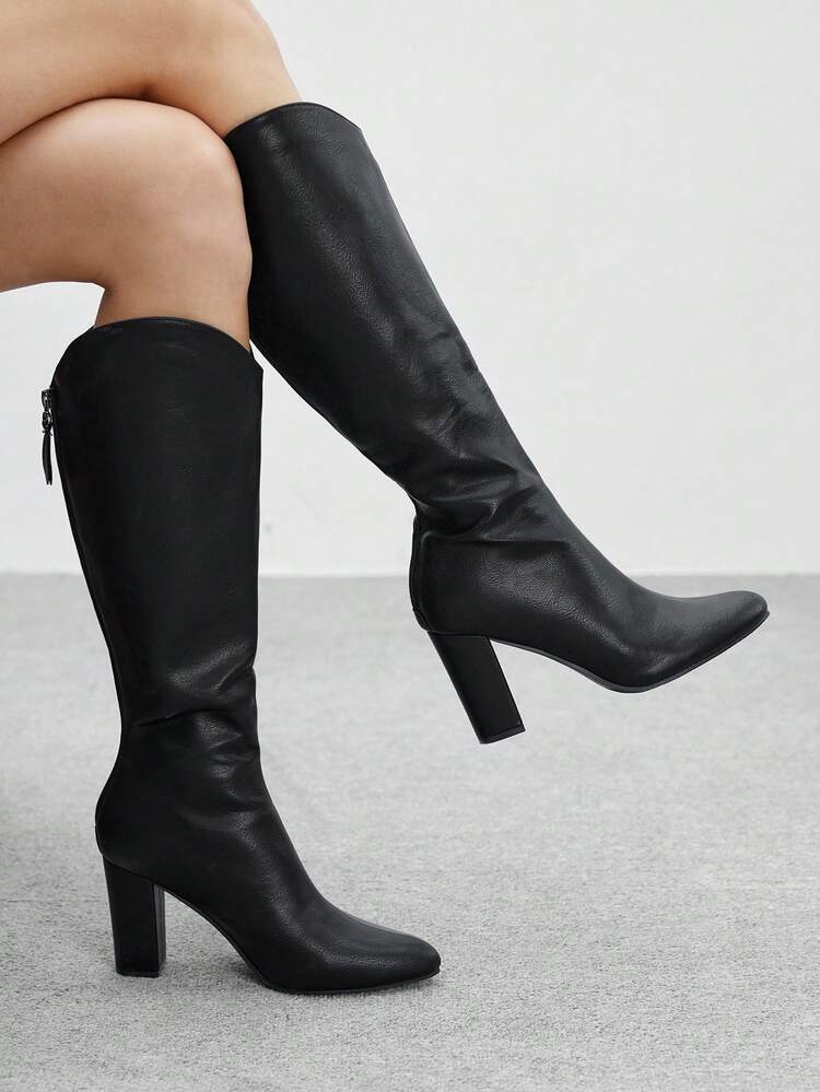 CUCCOO BIZCHIC Black High Heel Tall Boots With Side Zipper, Chunky Heel