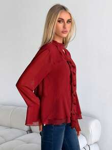 MainGRL Áo cánh dài tay viền bèo nhún màu nâu thu đông dành cho nữ - Đỏ - Xem 4