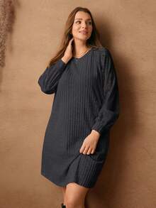 EMERY ROSE Plus Size Solid Color Round Neck Long Sleeve Loose Casual Ribbed Dress - Dark Grey - View 7