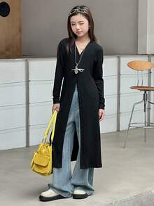 DAZY Girls V-Neck Fitted Cardigan - Black - View 4