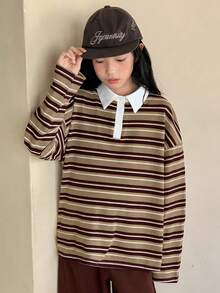 Dazy Kids 少女秋季服装翻领条纹撞色长袖T恤，春季 - 棕色 - 查看 4