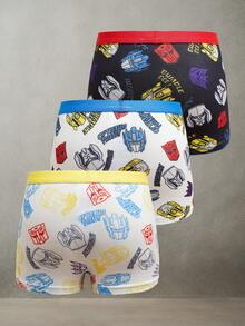 Transformers X SHEIN 3条装 男童撞色包边腰部全印花舒适平角内裤