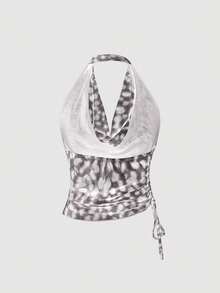 Aveloria GENKIRA Vintage Random Animal Print Leopard Mesh Fabric Swing Neck Asymmetric Ruched Slim Sexy Camisole For Women  - Grey - View 5