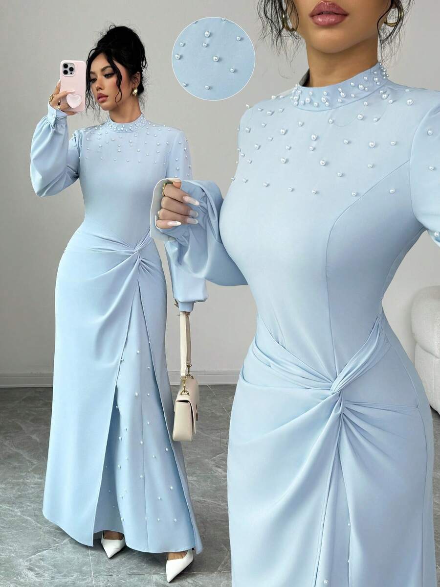 SHEIN Elenzya 女士优雅派对礼服,蓝色,串珠设计,秋冬款 - 淺藍色 - 查看 1