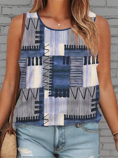 Plus Size Patchwork Printed Casual Crew Neck Sleeveless Blouse, Graphic T-Shirt Tops For Women, Daily Wear, Going Out, Vacation