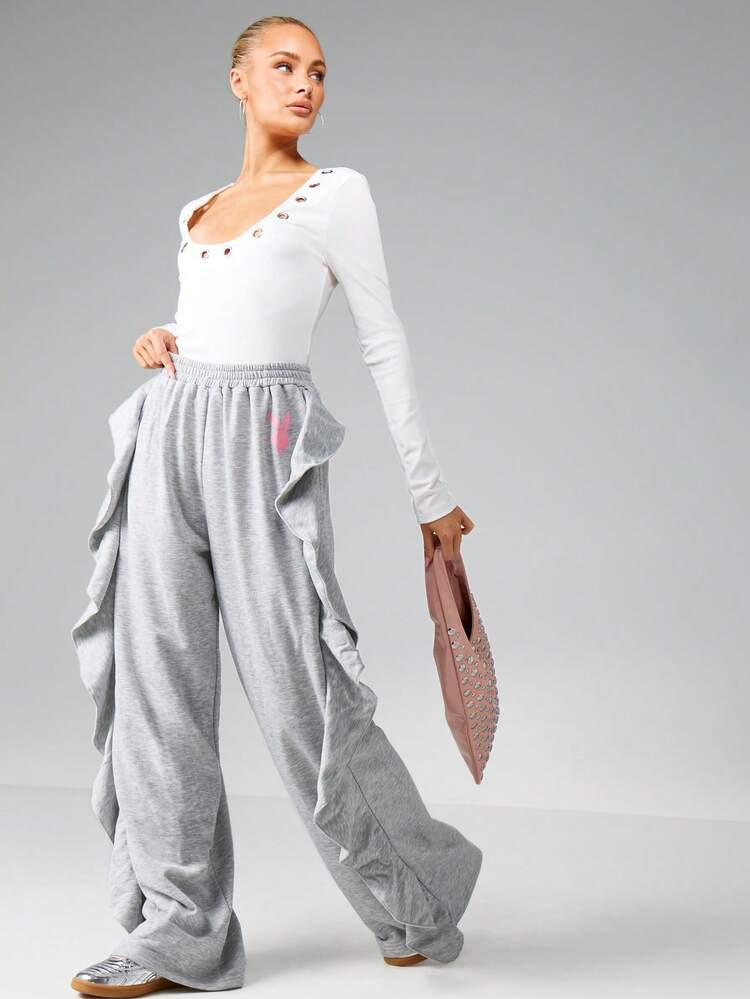 Missguided x Playboy Calça de Moletom Pantalona com Detalhe de Babado e Logo para Mulheres, Streetwear Casual e Loungewear