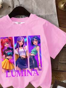 SHEIN 亮粉色，卡通女孩印花，K-Pop 超级明星 Rumi、Mira、Zoey，少女休闲简约短袖圆领 T 恤