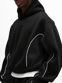 SUMWON Men Hoodie Co-Ord Set Oversized Pullover With Loose Fit Sweatpants White Piping Detail Winter Loungewear Matching Tracksuit - Black - View 8