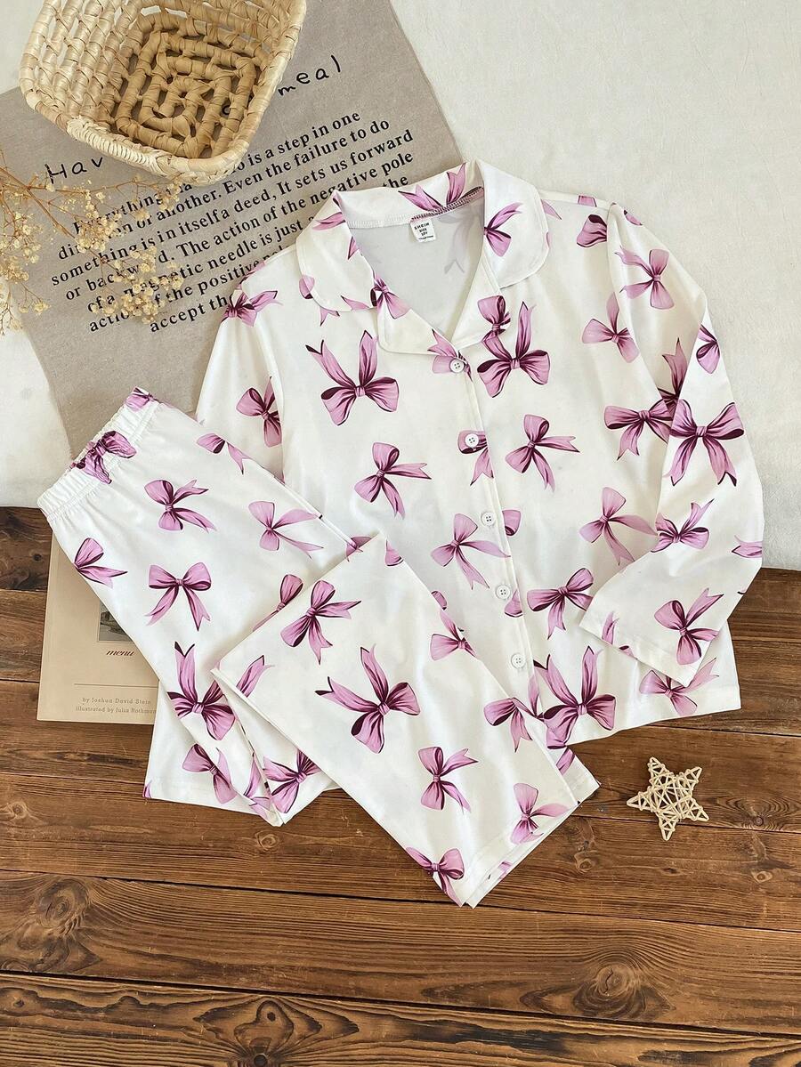Bộ 2 quần dài rộng rãi in họa tiết nơ dễ thương thời trang thoải mái và mềm mại cho bé gái, đồ mặc nhà - Bụi tím - Xem 1