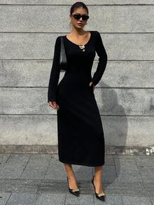 DAZY Elegant V-Neck Women's Sweater Dress With 3D Floral Decor, Suitable For Banquet And Party, Autumn/Winter - Black - View 6