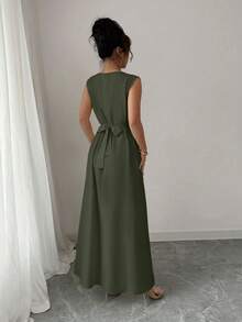 Rafferiza Women's Elegant 2 Pieces Set: Ribbon Trim Batwing Sleeve Outerwear And Sleeveless Dress Open Abaya Abayas Dubai Luxury Arabic Dress Dress With Cape Dress Modest - Army Green - View 4