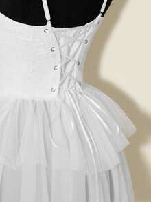 SHEIN ICON 女士提花吊带背心，性感宫廷风，适合派对和聚会，红色束身胸衣，红色薄纱高低摆束身胸衣，红色派对秋季女装，婚礼宾客女式上衣 - 白色 - 查看 8