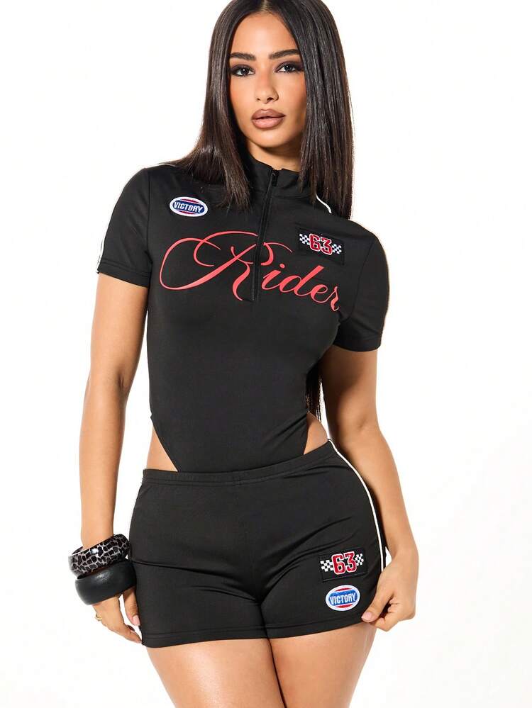 SUMWON WOMEN Zip Up Bodysuit With Red Script