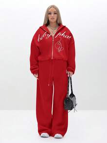 BABYPHAT Oversized Zip Up Hooded Sweatshirt With Script Print And High Neck For Casual Winter Streetwear - Red - View 3