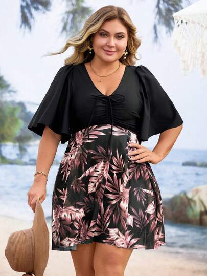 Swim Lushoire Plus Size Women's Tropical Plant Print Ruffled Sleeve Swimdress, Coordinate Bottom Sold Separately For Summer Beach Vacation