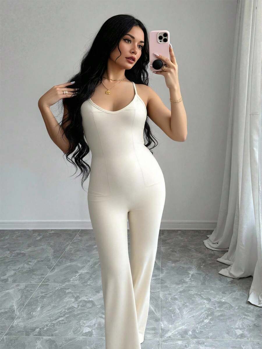 SHEIN SXY Women's Spring/Summer New Elastic Knit V-Neck Spaghetti Strap Backless Crisscross Hem Slit Jumpsuit