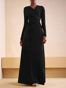 Zivah 2025 初秋夏季新款日常约会通勤商务女士优雅沙滩游轮派对简约流行生日派对高端交叉露背长袖针织拼接缎面亮面面料女士修身长裙-A - 黑色 - 查看 5