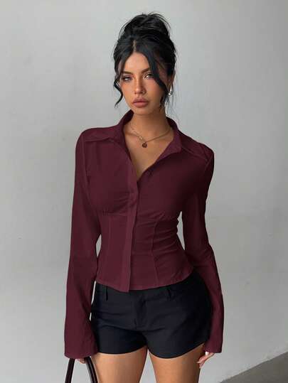 Aloruh Women's Elegant Versatile Solid Color White Short Sleeve Pleated Waist Long Sleeve Shirt, Suitable For Commuting, Daily Wear, Spring/Summer,Fall,Fall Clothes For Women,Women's Winter Clothes,Red Tops For Women