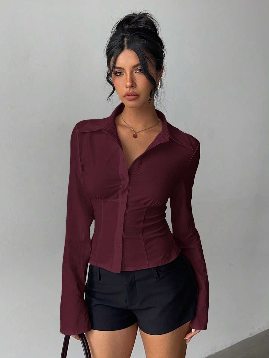 Aloruh 女士优雅百搭纯色白色短袖褶裥长袖衬衫，适合通勤、日常穿着、春夏穿着 - 酒紅色 - 查看 1