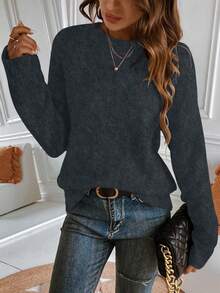 SHEIN LUNE Sweater Leher Bulat Abu-abu Tebal Premium untuk Wanita - Dark Grey - View 5