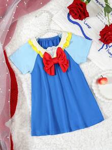 SHEIN 女宝宝简约时尚可爱撞色拼接蝴蝶结装饰短袖睡袍睡衣 - 彩色 - 查看 3