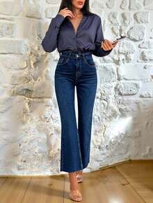 EURMUSE Stretch Cropped High Waist Bootcut Denim Jean Women Jeans High Waist Wide Leg Jeans Jeans Cute Jeans - Dark Wash - View 5