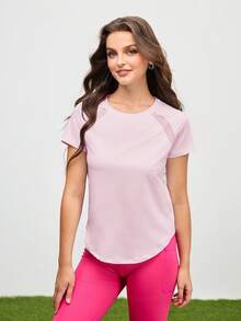 Cheerettes Áo thun thể thao tay ngắn cổ tròn tay raglan màu trơn dành cho nữ - Hồng - Xem 3