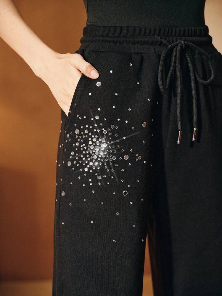 Calças Casuais Elegantes para Mulheres no Outono/Inverno, Design de Cintura Franzida com Strass, Adequado para Festival, Inverno, Outono, Natal