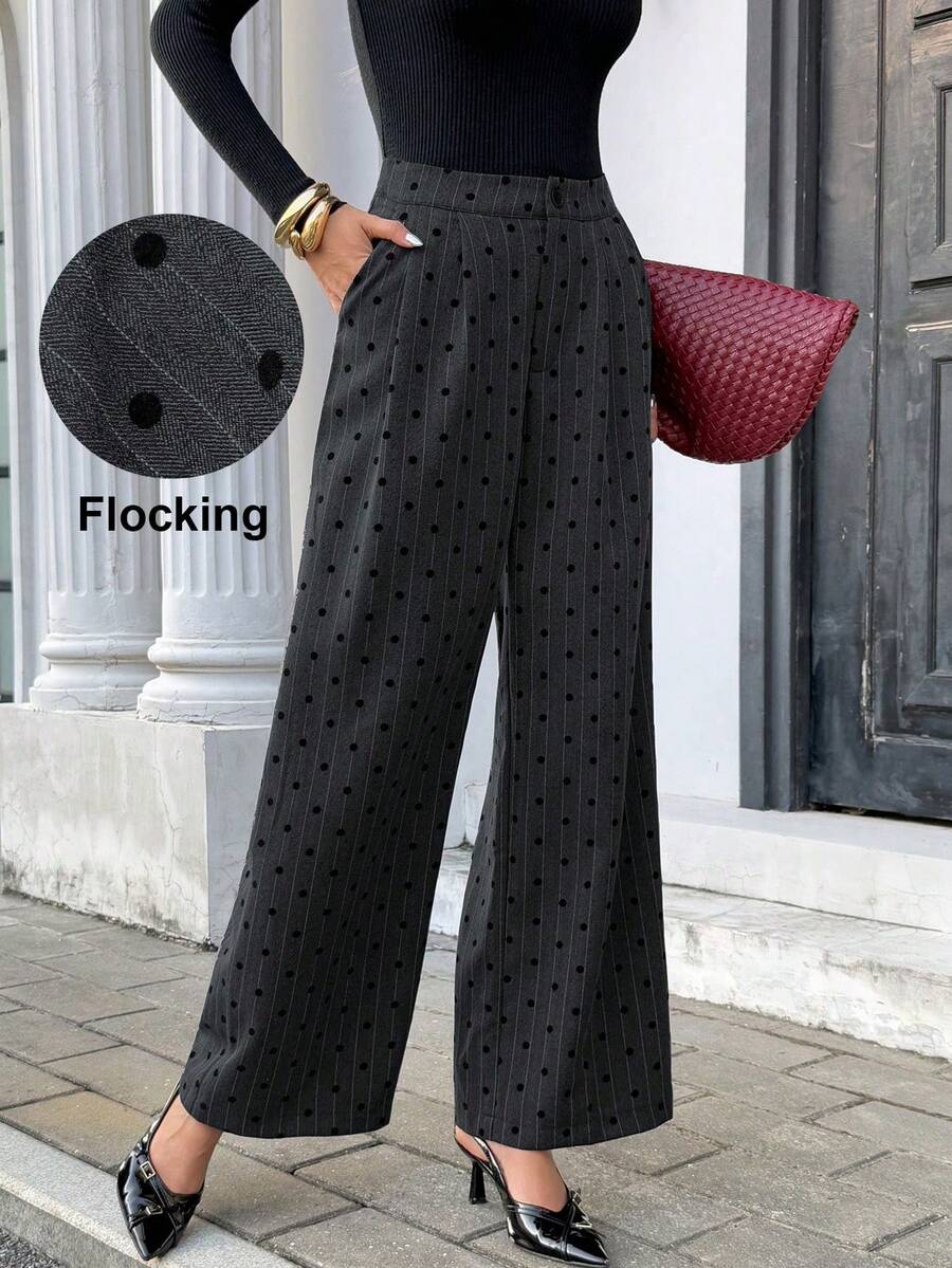 Chiquease Grey Base Black Flocked Wide Leg Casual Pants For Women, Winter Christmas New Year Thanksgiving Beach Fashion Stylish Chic Pants - Grey - View 1