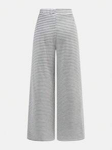 少女休闲日常罗纹U领长袖针织上衣，饰有3D蝴蝶结，搭配同款直筒阔腿裤，两件套弹力针织条纹套装，舒适运动服。 - 淺灰色 - 查看 9