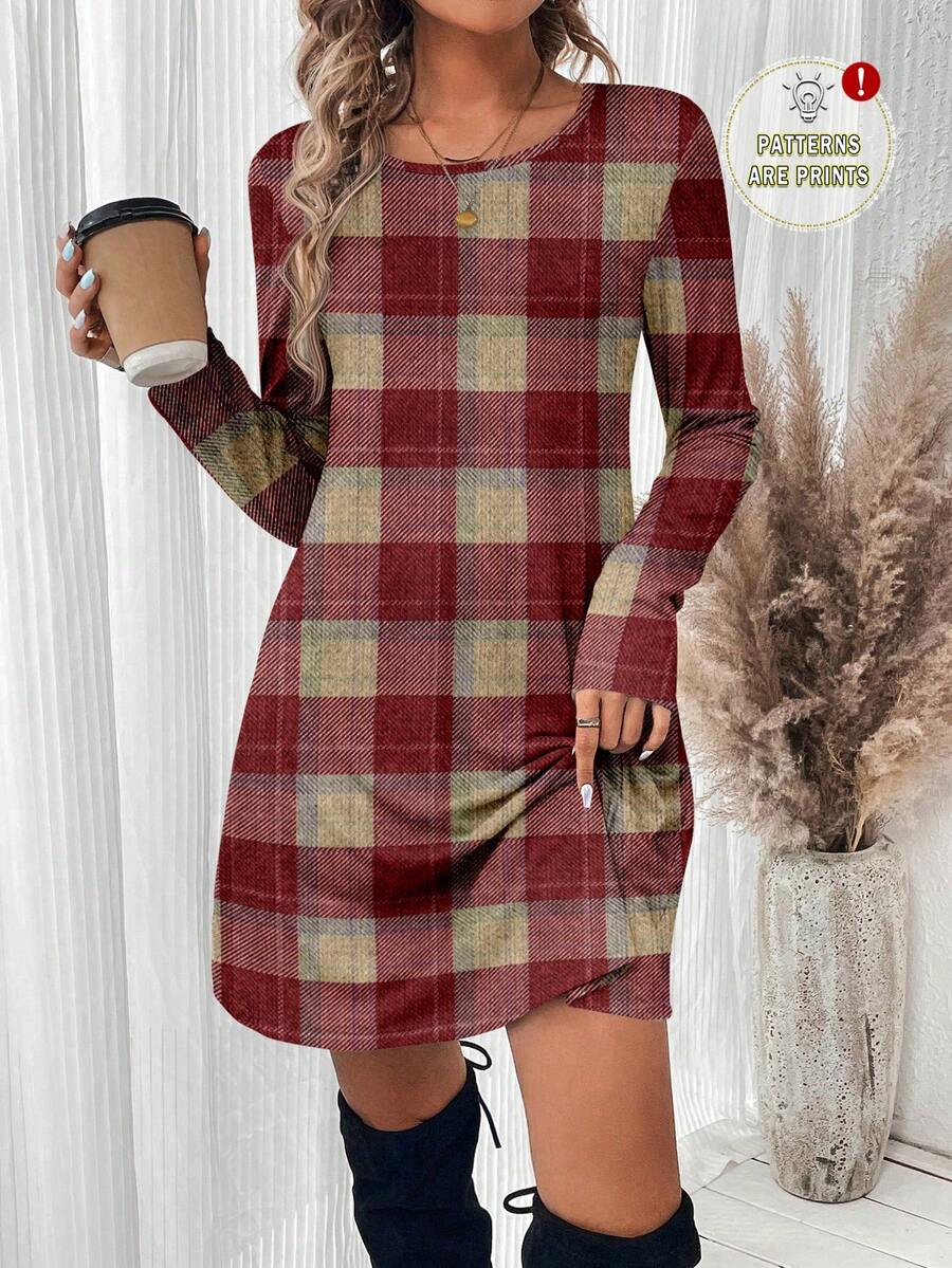 SHEIN LUNE 女士复古格子红色修身圆领迷你连衣裙，秋冬款 - 彩色 - 查看 1