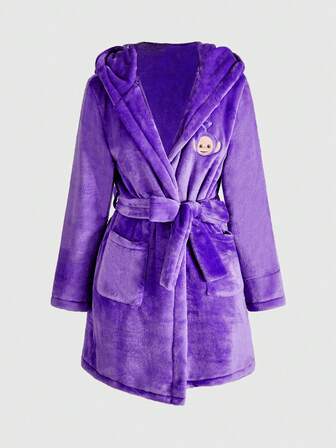 Teletubbies X ROMWE Cute Tinky Winky Embroidered Plush Front-Open Hooded Bathrobe With Belt