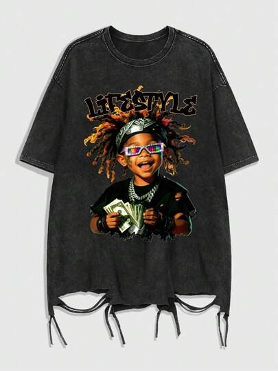 Goth قميص تي شيرت كاجوال قصير الأكمام مطبوع عليه أرقام وحروف مع تأثير غسيل الثلج للرجال