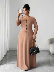SHEIN Elenzya Elegant Textured Contrast Button Design Plus Size 2 Pieces Set - Khaki - View 6