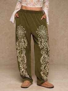 Freevana Pantalones largos informales de talla grande para mujer con estampado de copos de nieve y girasoles - Verde militar - Ver 1