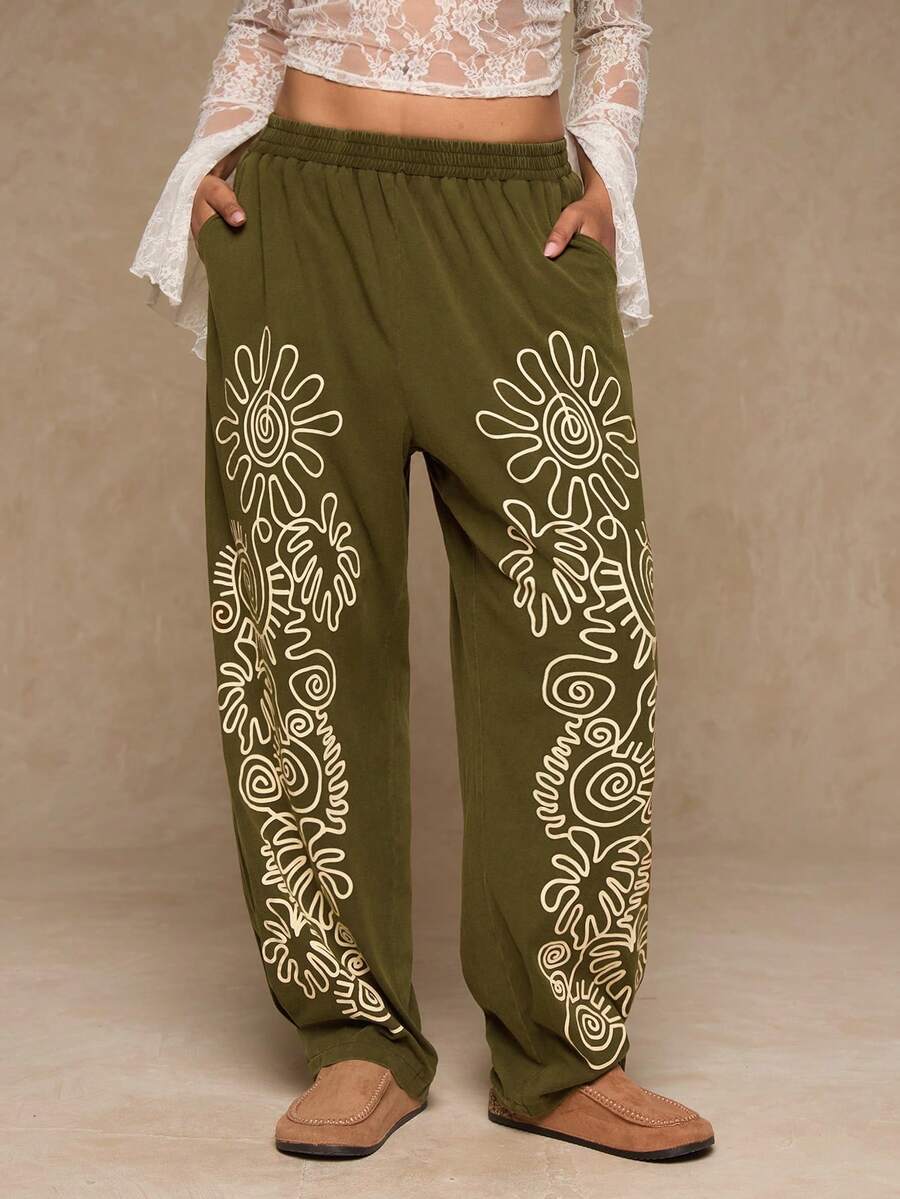 Freevana Pantalones largos informales de talla grande para mujer con estampado de copos de nieve y girasoles - Verde militar - Ver 1