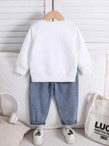 SHEIN 2 件套男婴/女婴休闲白色运动衫和蓝色牛仔长裤运动服，男女通用秋冬婴儿服装 - 彩色 - 查看 2