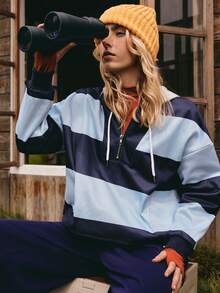 Medorelle Casual Loose Striped Hooded Long Sleeve Sweatshirt For Women Autumn/Winter Striped Pattern Women Knitted Sweatshirt, Suitable For Autumn/Winter Women Striped Sweatshirts Blue Striped Sweatshirt Women Sports Leisure Cozy Long Sleeve Tops Fall Clothes For Women Jersey Sweatshirt Back To School Autumn Winter Cosy Fall Nautical Clothing For Women Sweatshirt For Women Oversized Sweatshirt Woman Women Sweatshirts Blue Sweatshirt - Multicolor - View 4