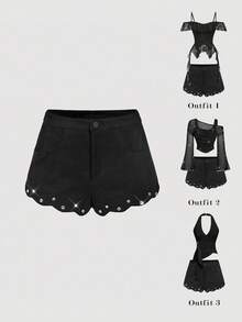 SHEIN MOD Women's Fashion Rhinestone Embellished Shell Trim Slant Pocket Shorts,Autumn/Winter,Thanksgiving,Christmas,New Year,Black Short,Party - Black - View 1
