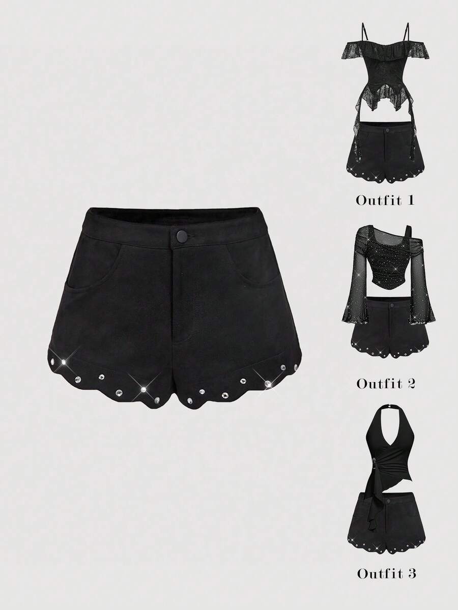 SHEIN MOD Women's Fashion Rhinestone Embellished Shell Trim Slant Pocket Shorts,Autumn/Winter,Thanksgiving,Christmas,New Year,Black Short,Party - Black - View 1