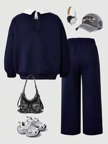 SHEIN ChillGRL Casuvi 女童两件套：长袖T恤，衬衫领，蕾丝边饰；搭配针织阔腿裤，蕾丝边饰，印花图案；休闲上学/度假装扮，适合秋/春季穿着。 - 藏蓝色 - 查看 2
