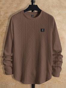 Manfinity BRENVOR 男士宽松字母拼布针织长袖T恤，适合秋季、夏季和秋季休闲 - 卡其色 - 查看 5